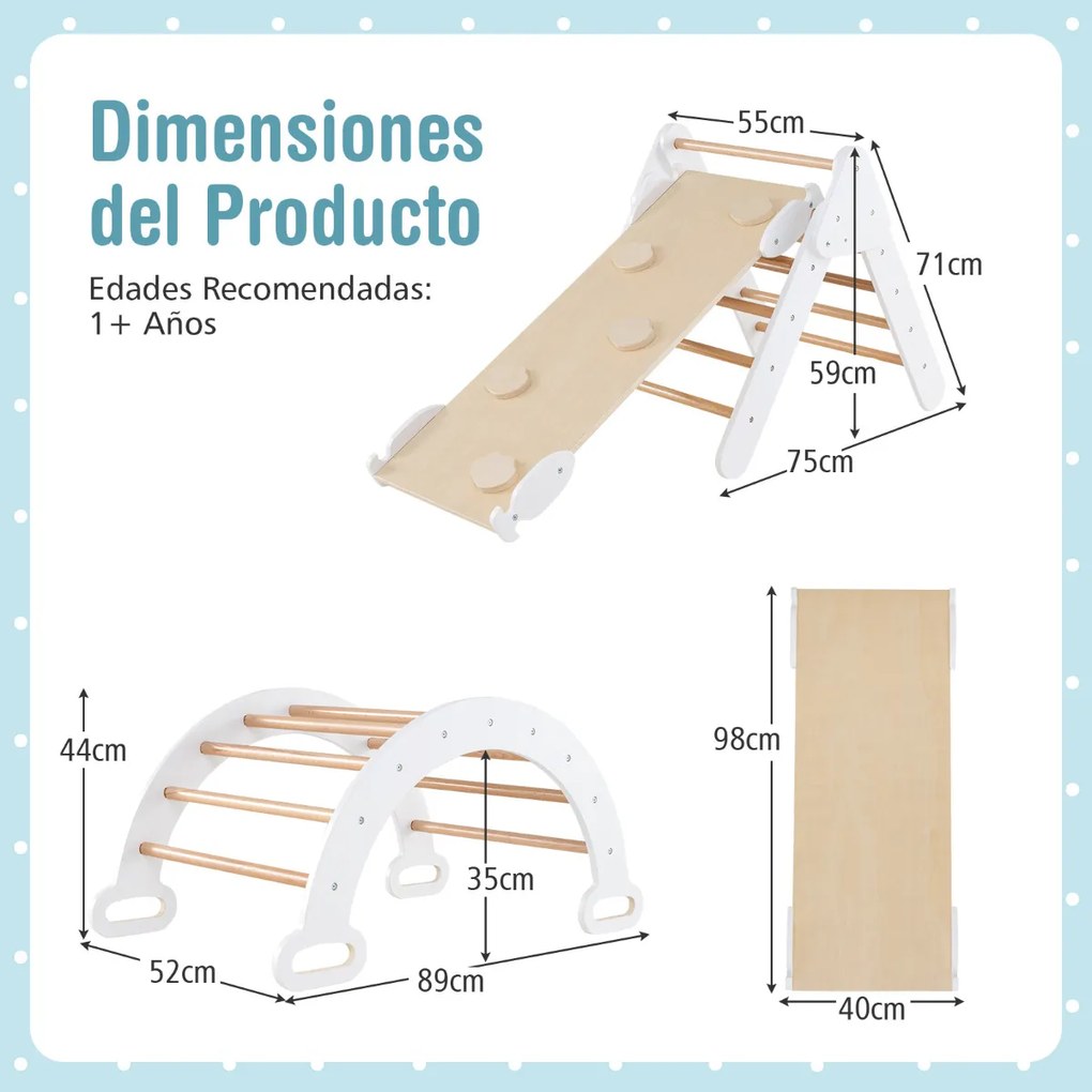 Triângulo de escalada de madeira 3 em 1 para crianças Conjunto de escalada com triângulo/rampa/rampa para deslizar ou escalada  Branco