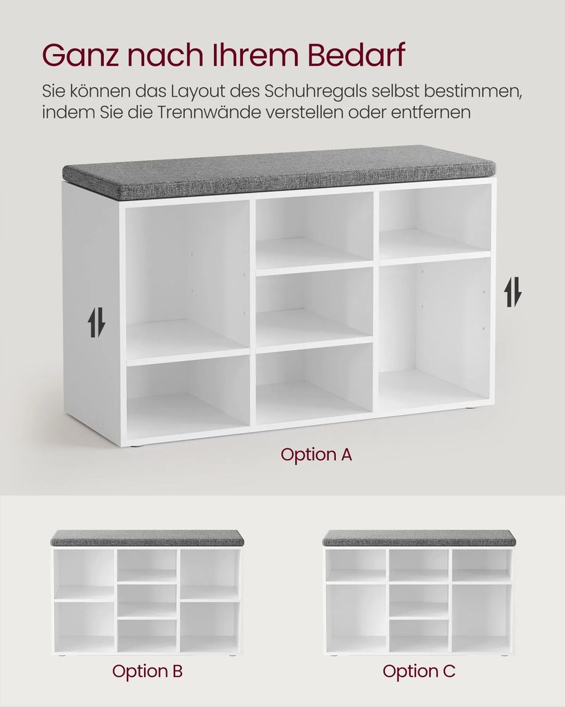Banco spateira com almofadas e 9 compartimentos 30,3 x 78,5 x 48 cm Cinzento-branco