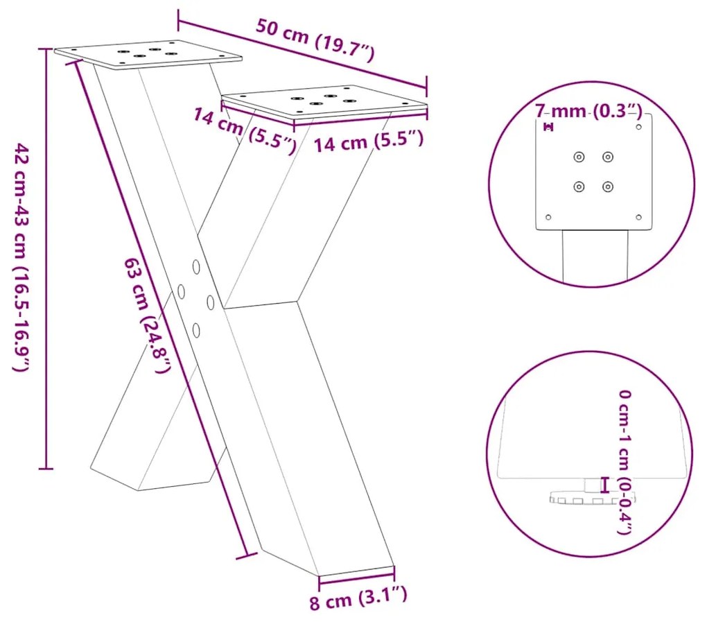 Pés para mesa de centro em formato de X, 2 peças, aço natural, 50x(42-