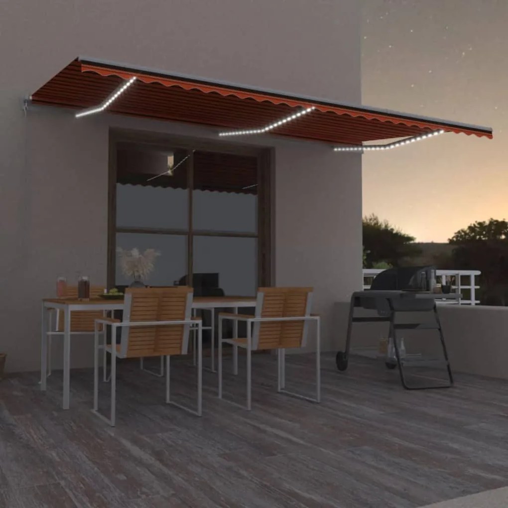 Toldo retrátil manual com LED 600x300 cm laranja e castanho