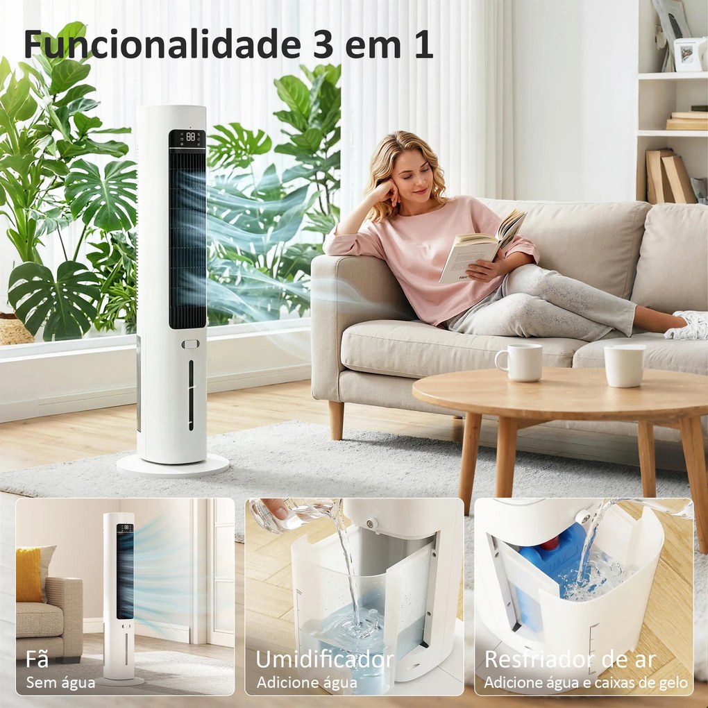 Climatizador Evaporativo 3 em 1 com Depósito de 3 L Oscilação 48° 3 Velocidades 3 Modos Temporizador 12h Branco