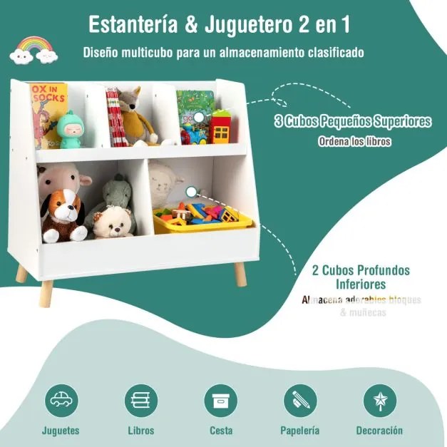 Organizador de brinquedos de 5 compartimentos para crianças Baú de 2 níveis com pernas de madeira Kits anti-queda Estante aberta para crianças Branco