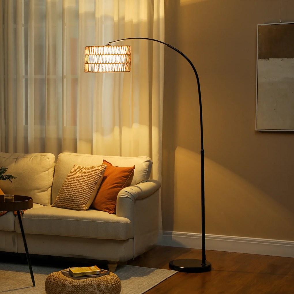 Candeeiro de Pé com Altura Ajustável Ecrã de Juta Interruptor de Pé e Base de Mármore 93x34x144-175 cm Preto, castanho e branco