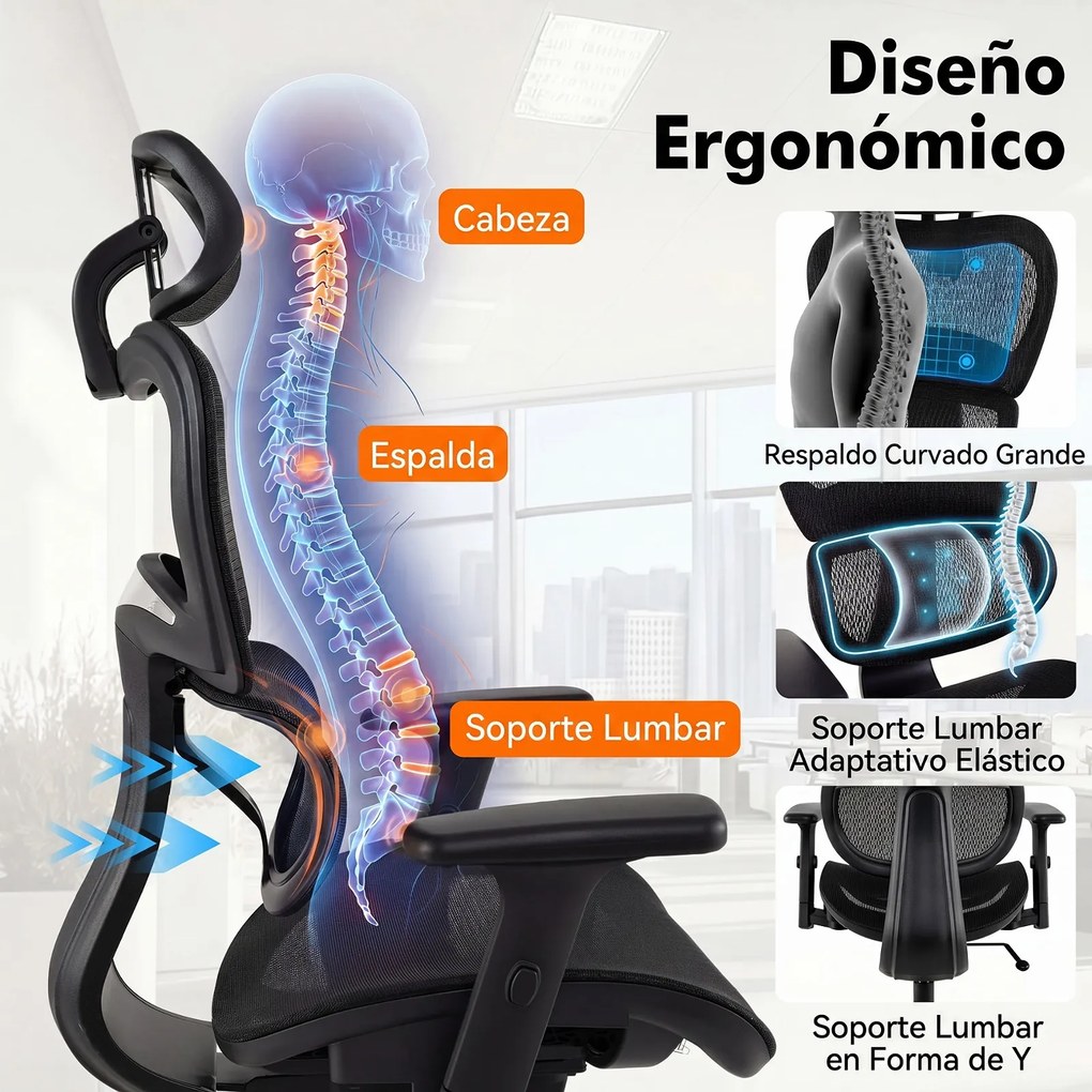 Cadeira de Escritório Ergonómica, 69,5 x 70 x 115-123 cm, Encosto Reclinável, Preto