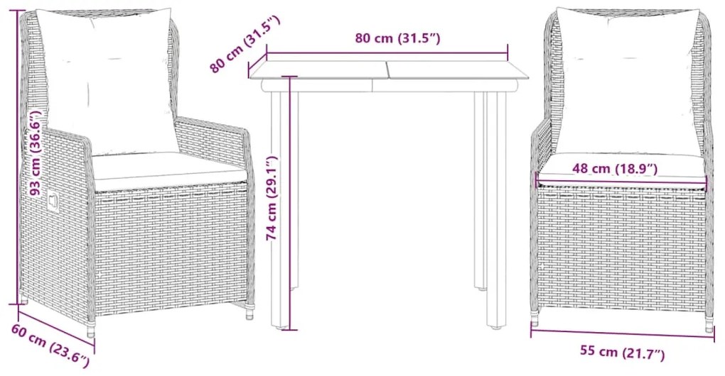3 pcs conjunto de jantar p/ jardim com almofadões vime PE bege