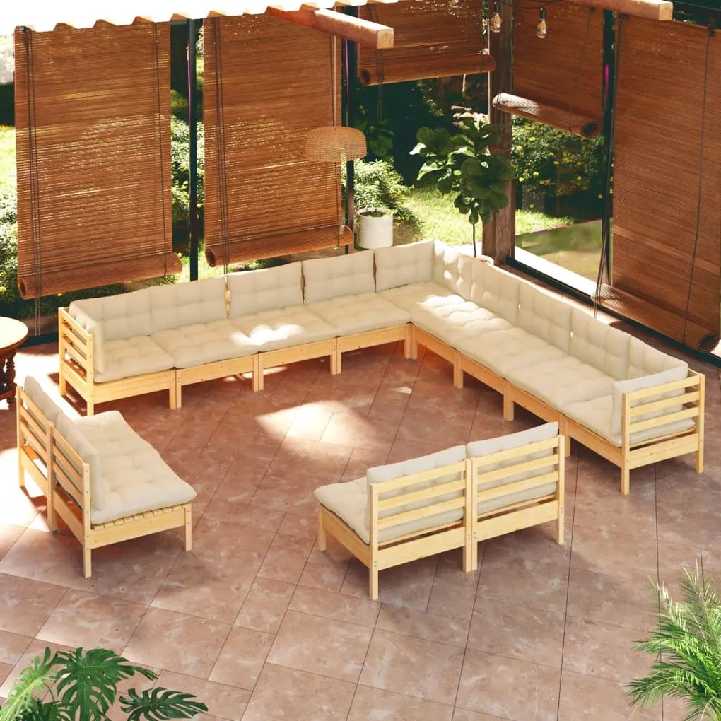 vidaXL 13 pcs conjunto lounge jardim c/ almofadões creme pinho maciço