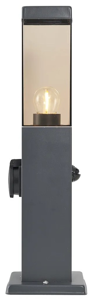 Candeeiro de exterior cinza escuro com vidro fumado 45cm IP44 com tomada e sensor de movimento - Malios Moderno