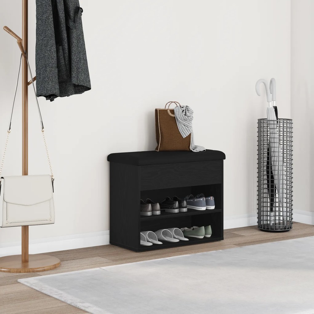 vidaXL Banco de Armazenamento Preto Carvalho 60x30x48 cm Madeira de Engenharia