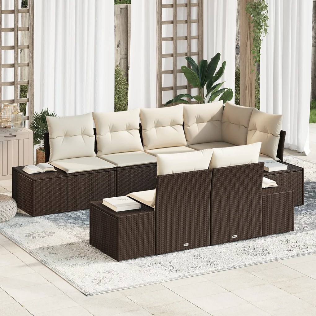 vidaXL Conjunto de Sofás de Jardim de 7 Peças com Almofadas Rattan Poliéster Castanho
