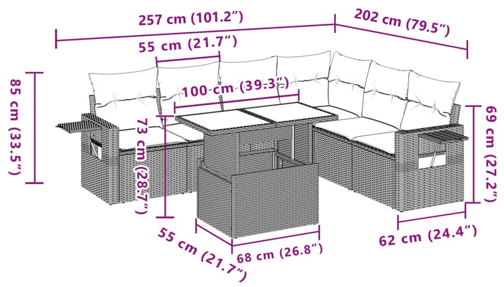 7 pcs conj. sofás jardim com almofadões vime PE cinzento-claro