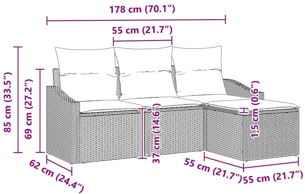 Conjunto de Sofá de Jardim com 4 peças e almofadas - Rattan Poliéster