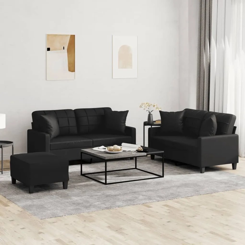 3201373 vidaXL 3 pcs conjunto de sofás com almofadas couro artificial preto