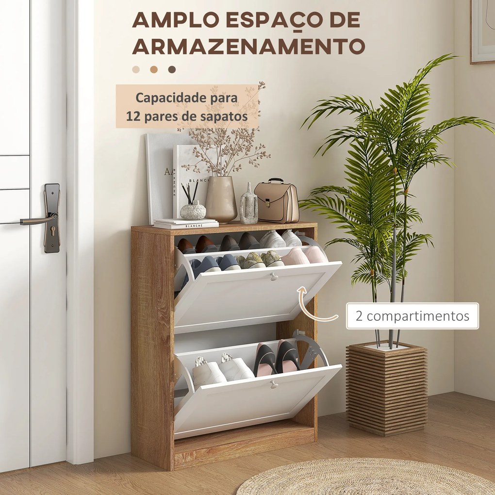 Sapateira Estreita com 2 Portas Prateleiras Ajustáveis para 12 Pares de Sapatos 60x24,5x75,5 cm Mdeira e Branco
