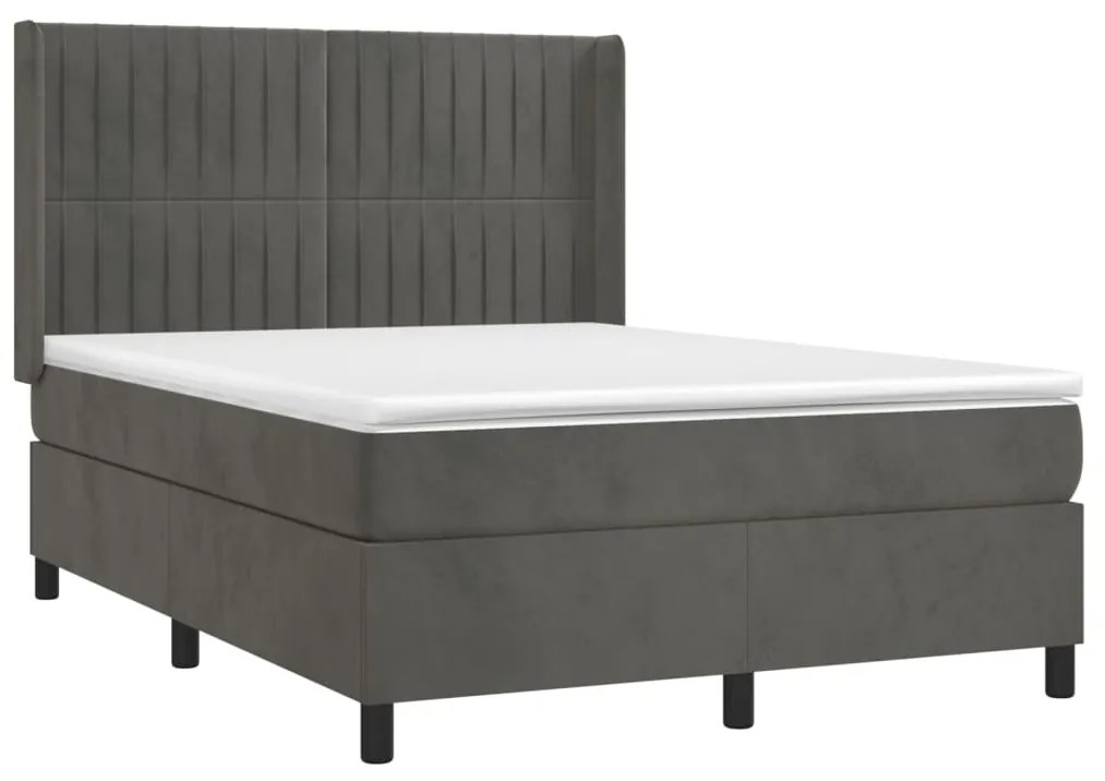 Cama box spring c/ colchão/LED 140x190cm veludo cinzento-escuro