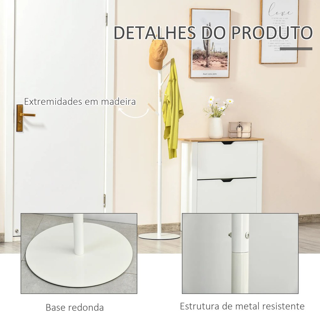 HOMCOM Cabide de Pé de Madeira Cabide de Pé com 6 Ganchos para Roupa Bolsas e Estrutura de Metal para Sala de Estar Entrada Dormitório 35x35x174cm Branco e Madeira