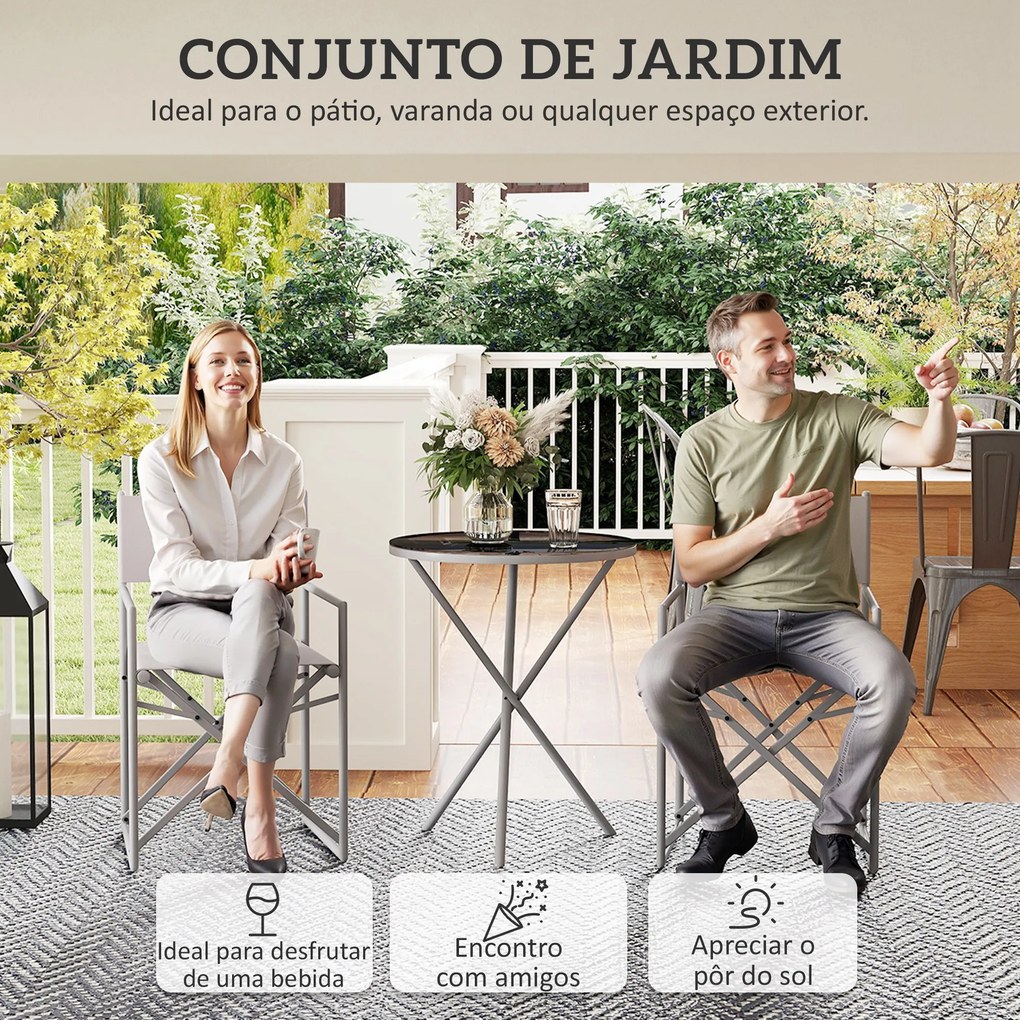 Conjunto de Móveis de Jardim de 3 Peças com 2 Cadeiras Dobráveis Mesa com Bancada em Vidro Temperado Cinza Escuro