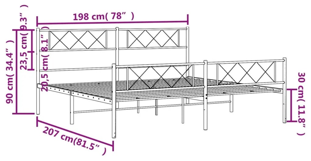 Estrutura de cama com cabeceira e pés 193x203 cm metal branco