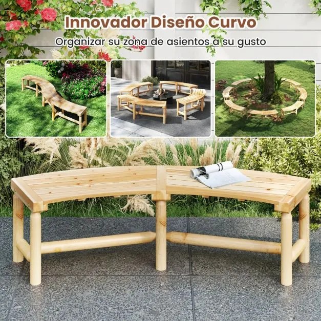 Banco Curvo para Exterior 170 x 58 x 45 cm para 2-3 Pessoas Capacidade de Carga de 360 kg Sem Encosto para Jardim Natural