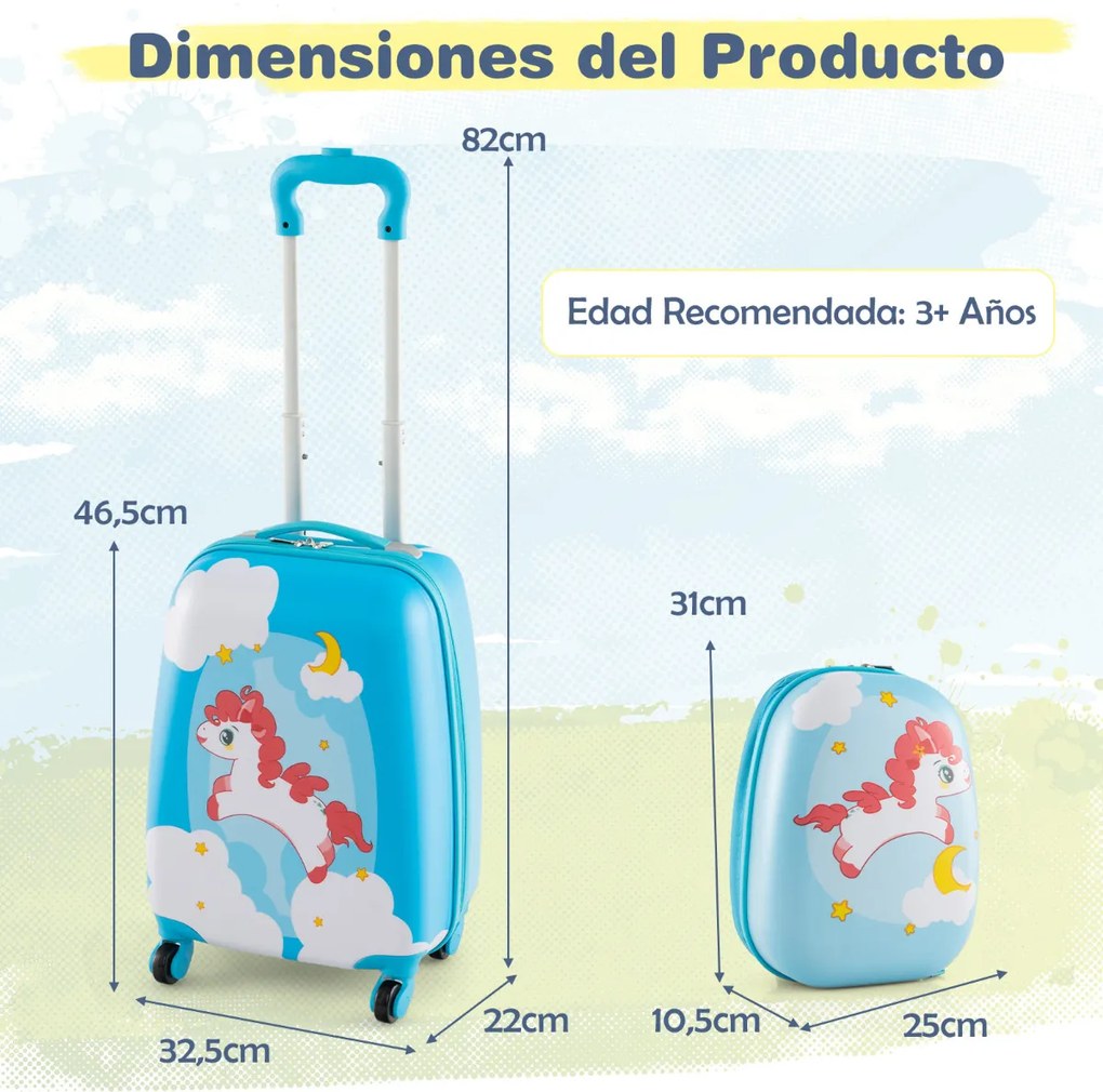 Conjunto de 2 malas de mão infantil com rodas, mala dura, mochila portátil, bagagem rolante Azul