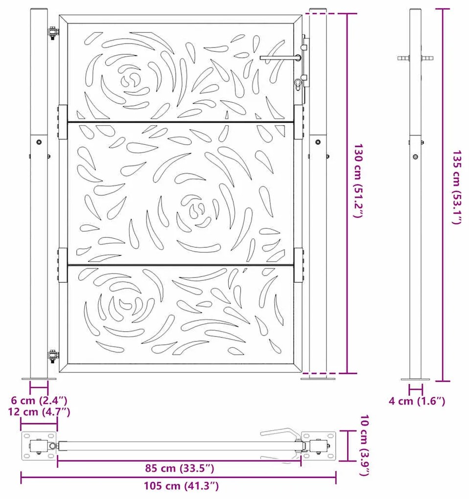 Portão de jardim 105x130 cm preto design de chama de aço