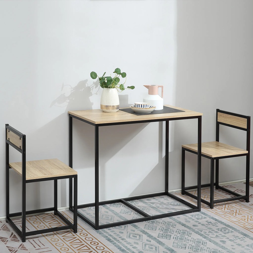 Conjunto de mesa e cadeiras de sala de jantar - Conjunto de 1 mesa + 2 cadeiras encaixáveis para cozinha - metal preto com acabamento em carvalho clar