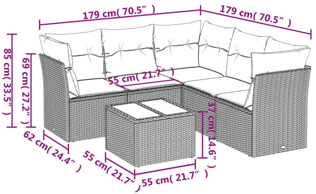 6 pcs conjunto sofás de jardim com almofadões vime cinzento