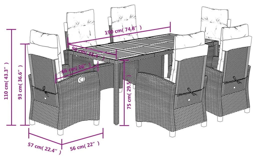 7 pcs conjunto de jantar p/ jardim c/ almofadões vime PE preto