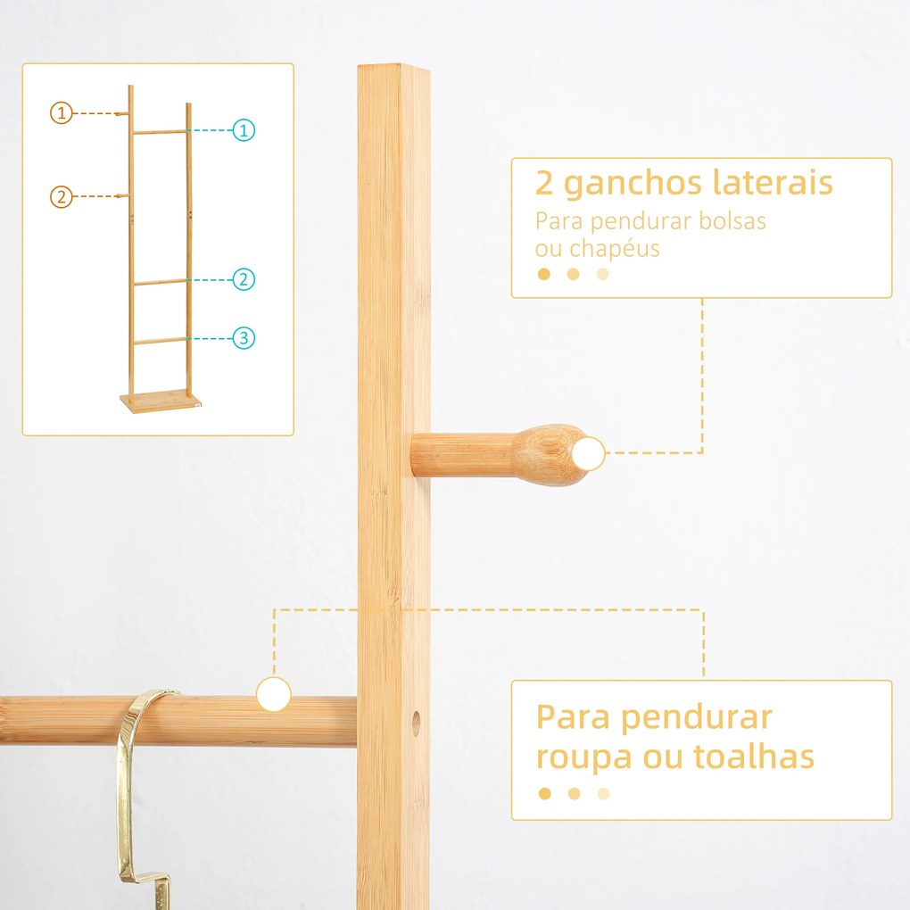 HOMCOM Cabide de Pé de Bambu Cabide de Pé para Roupas com 2 Ganchos e 3 Barras Suspensas para Entrada Corredor Dormitório Estilo Moderno 36x24x168cm Madeira