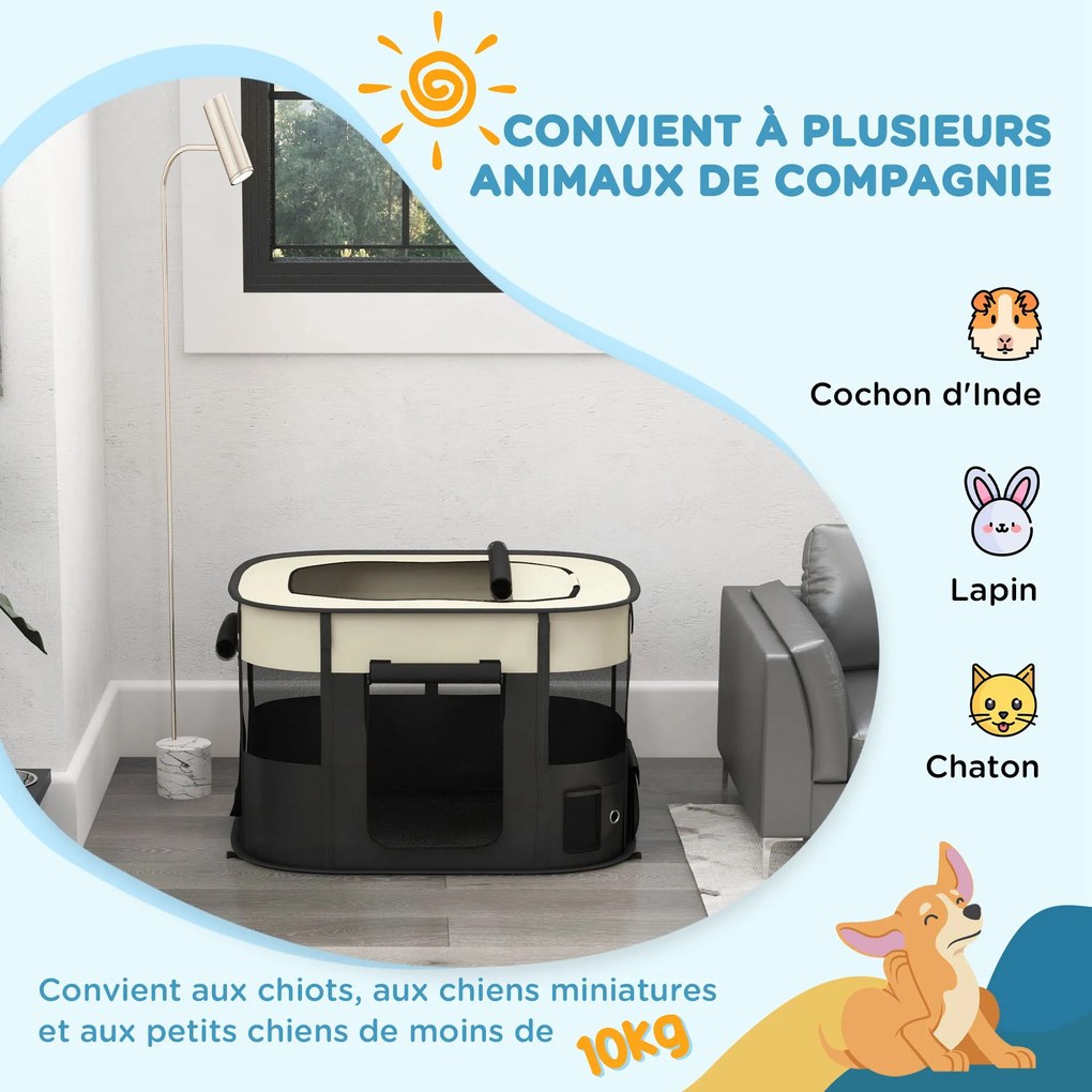 Parque dobrável para cães, gatos e pequenos animais em tecido Oxford com compartimento de arrumação, 94 x 74 x 60 cm, branco creme e preto