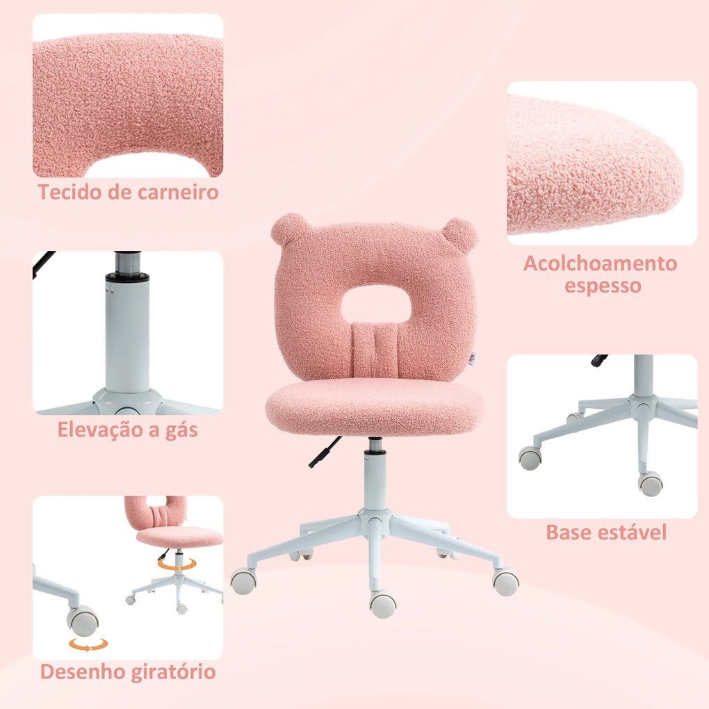 Cadeira de Secretária de Carneirinho Cadeira Infantil Giratória com Encosto em Forma de Urso 50x56x80-90 cm Rosa