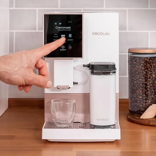 Máquina de café superautomática compacta com 19 bares Cremma Compactccino Connected White Rose , ecrã TFT e Wi-Fi, depósito de leite e Thermoblock