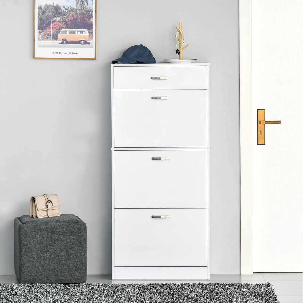 Sapateira com 3 portas basculantes e gaveta deslizante - 62 x 24 x 135 cm - puxadores em alumínio. Painéis em aglomerado branco
