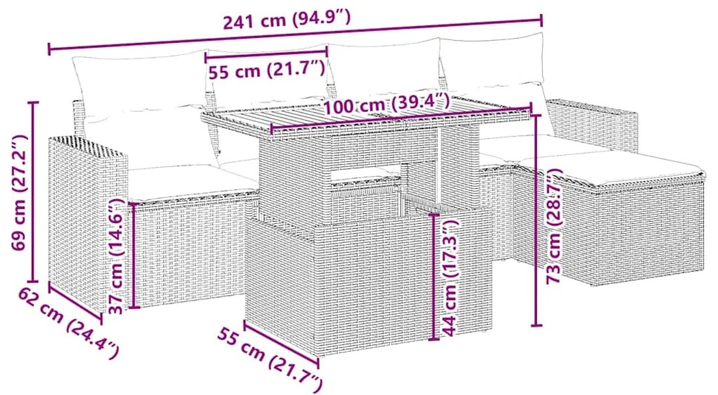 6 pcs conjunto de sofás p/ jardim com almofadões vime PE bege