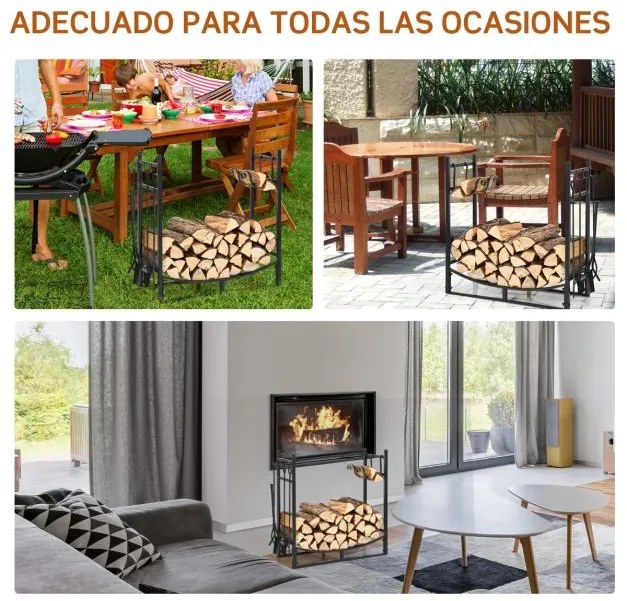 Estante para lenha para lareira Organizador de lenha com pá Apontador de lenha Pinça de lenha Escova de lenha 76 x 33 x 76 cm