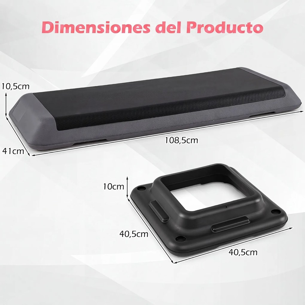Plataforma Step para Exercícios Aeróbicos, 108,5 x 41 x 11 cm, Altura Ajustável, Cinzento