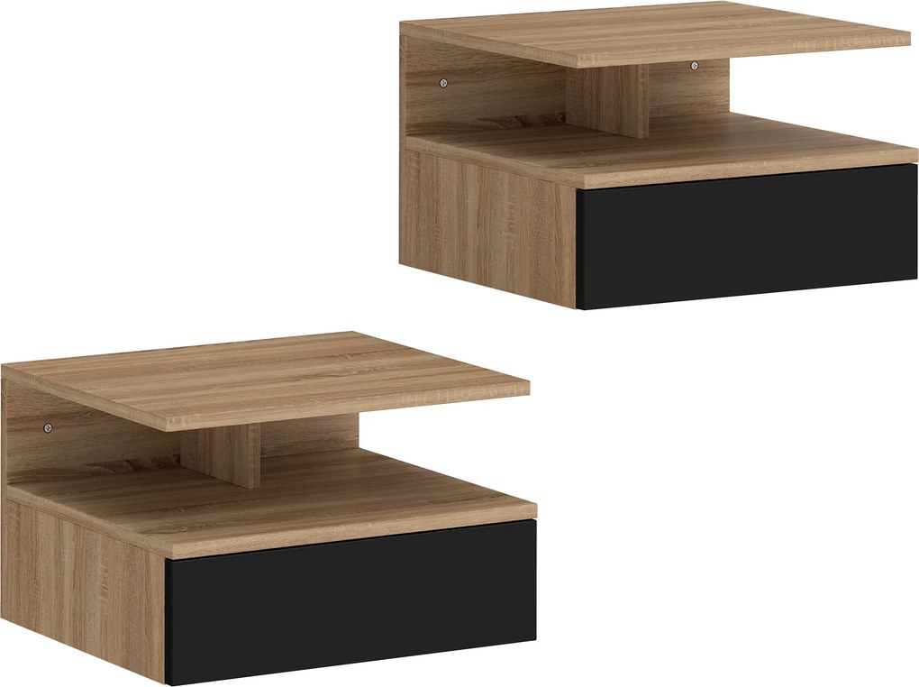 HOMCOM Conjunto de 2 Mesas de Cabeceira Suspensas com Gaveta Montadas na Parede 35x32x22,5 cm Carvalho e Preto | Aosom Portugal