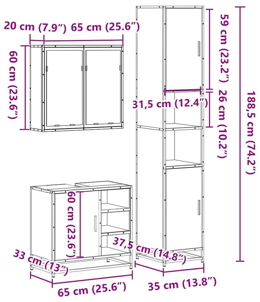 3 pcs Conjunto móveis casa de banho madeira proc. cinza sonoma