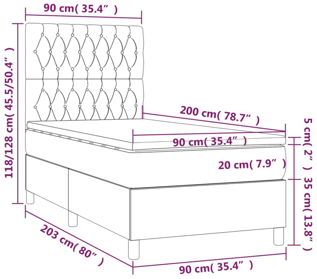 Cama box spring c/ colchão/LED 90x200 cm veludo cinzento-escuro