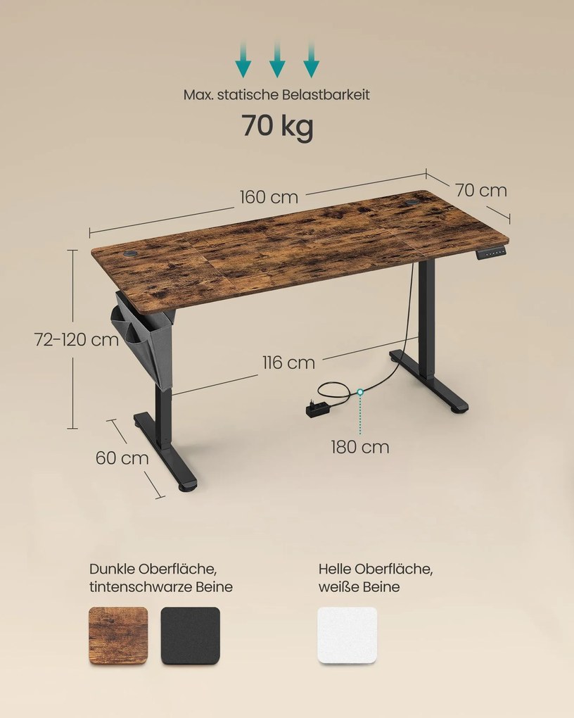 Secretária eléctrica regulável em altura 70 x 160 x (72-120) cm Castanha Vintage e Preto