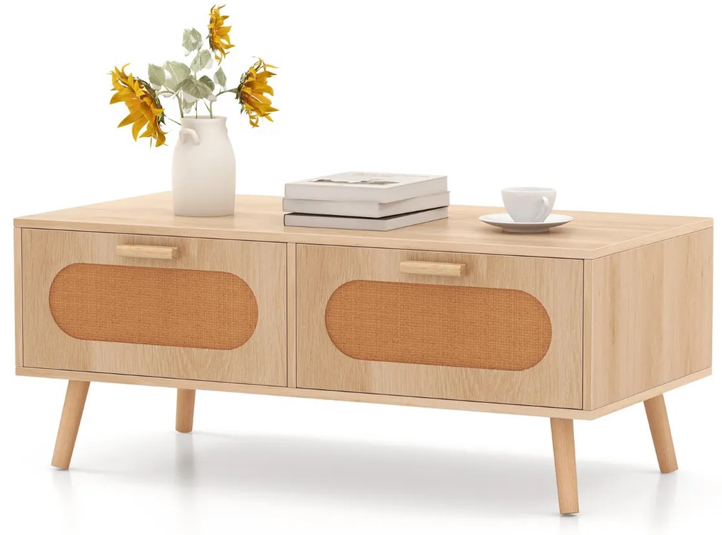 Mesa de centro em rattan 100 x 50 x 41 cm moderna com 2 gavetas e compartimento traseiro retangular com pernas de madeira para sala de estar Natural