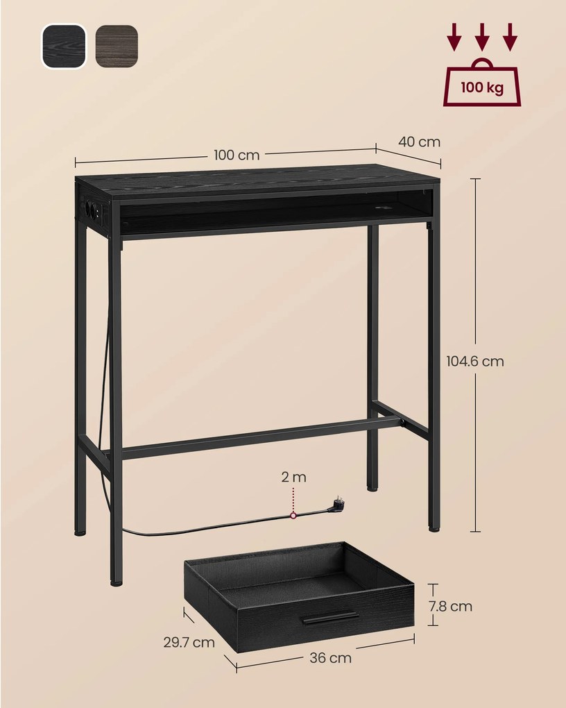 Mesa de bar com estação de carregamento e gaveta 40 x 99,8 x 104,6 cm preto