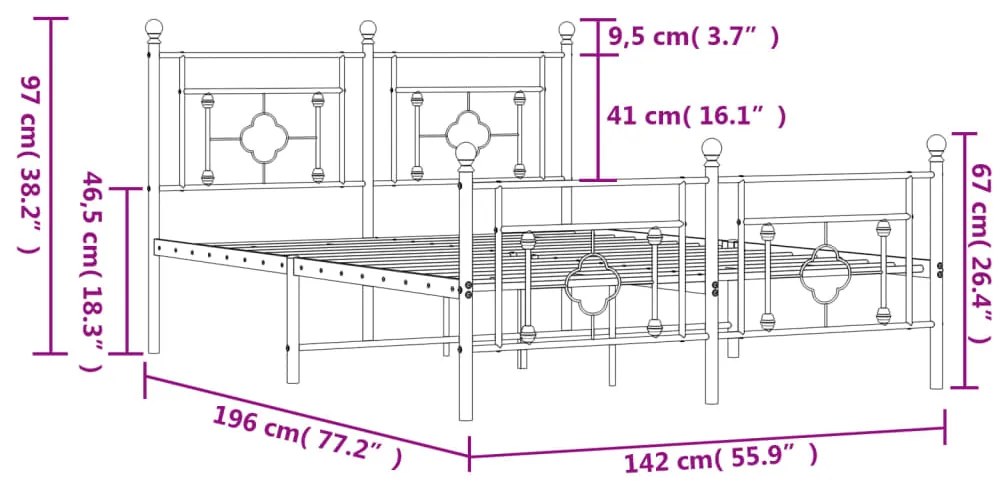 Estrutura de cama com cabeceira e pés 135x190 cm metal branco