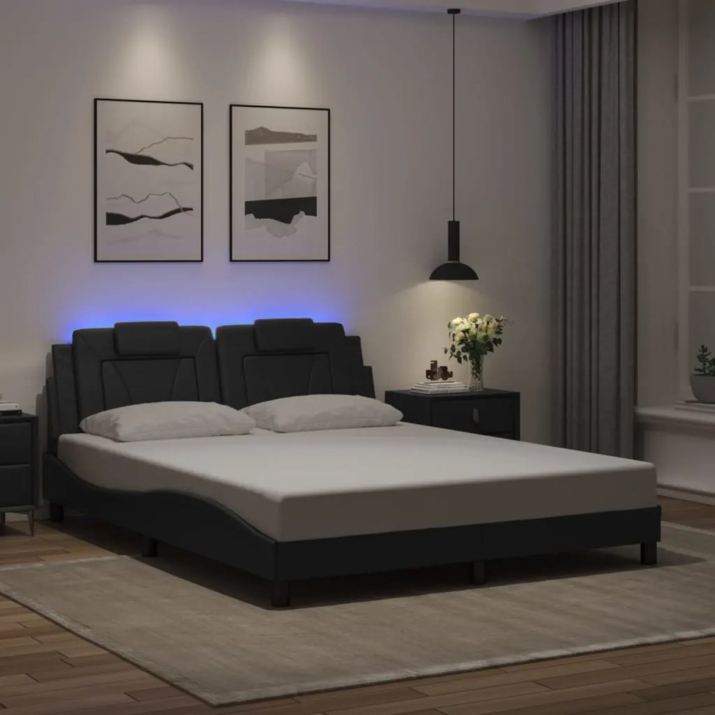 Estrutura de cama c/ luzes LED 160x200cm couro artificial preto