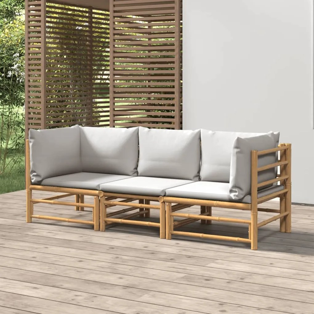 3155087 vidaXL 3 pcs conj. lounge de jardim bambu c/ almofadões cinzento-claro