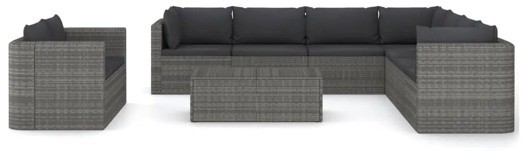 10 pcs conjunto lounge de jardim c/ almofadões vime PE cinzento