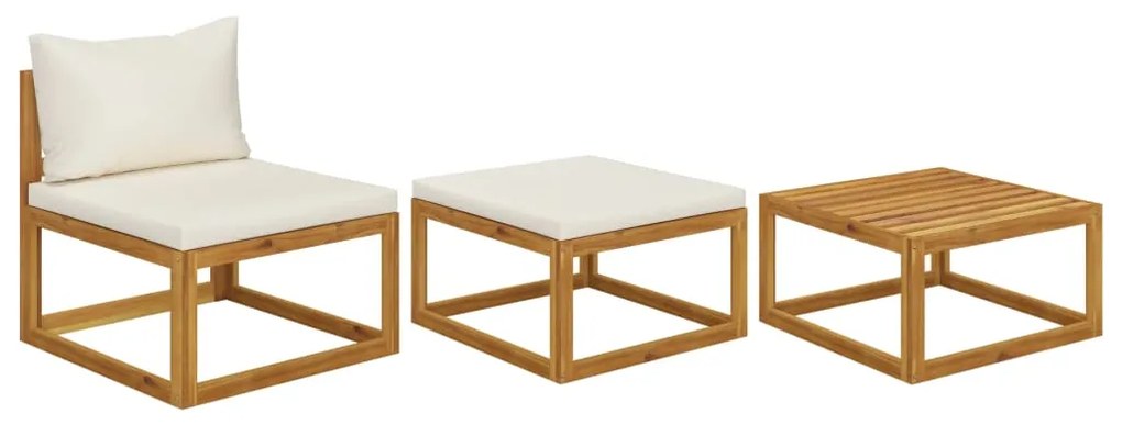 vidaXL 3 pcs conjunto lounge jardim c/ almofadões cor creme acácia