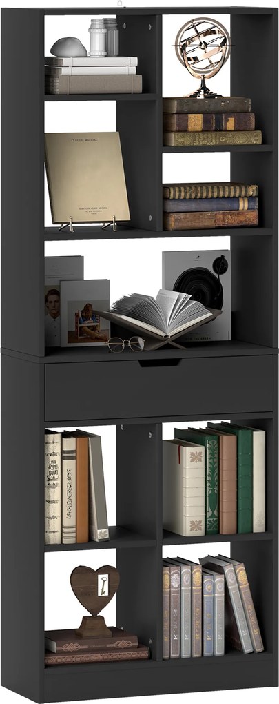 Estante de Madeira Estante para Livros com 1 Gaveta e 9 Compartimentos de Armazenamento 60x26x158 cm Preto