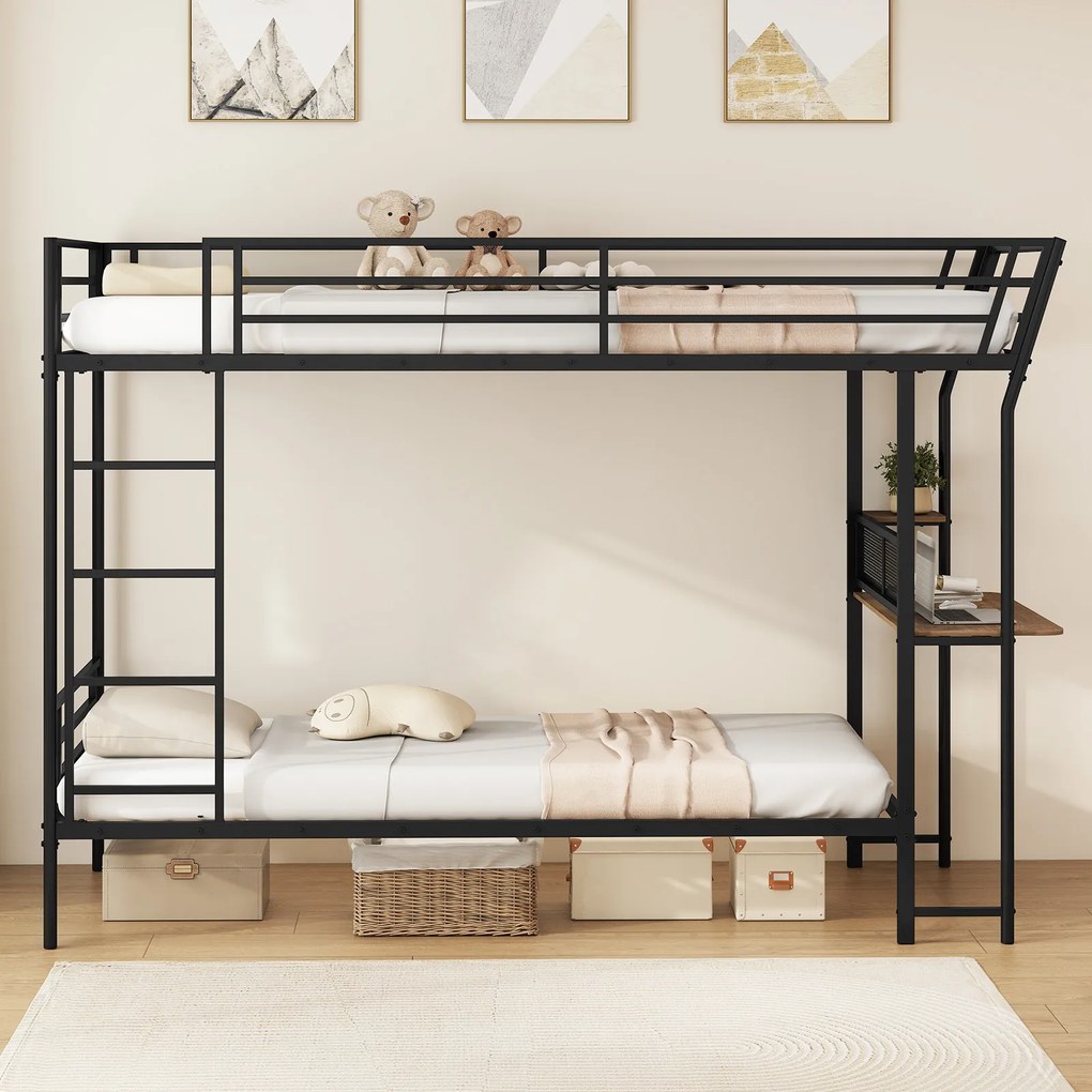 Beliche individual 246 x 101 x 170 cm (COLCHÕES NÃO INCLUIDOS) com secretária e Estrutura metálica, estação de trabalho em madeira, grades de seguranç