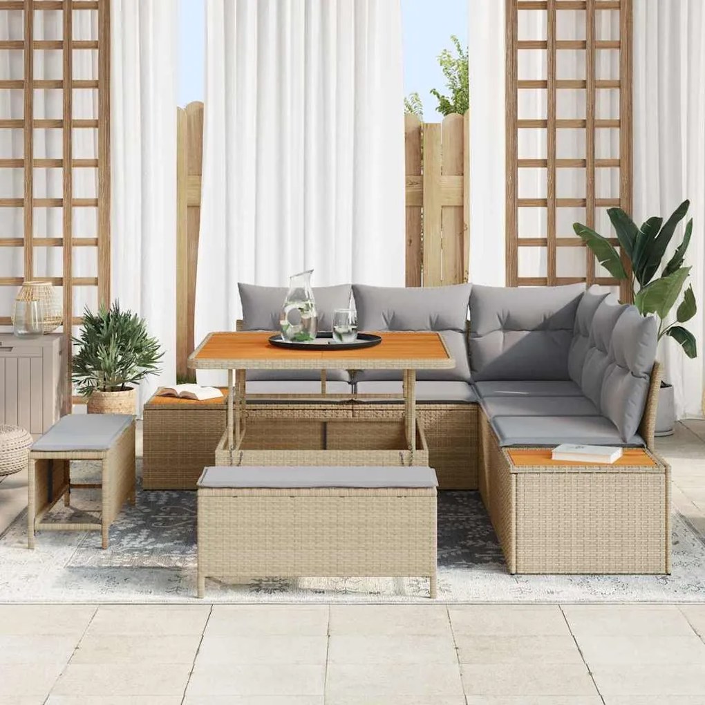Conjunto de Sofá de Jardim de 8 Peças com Almofadas Bege de Vime Acáci
