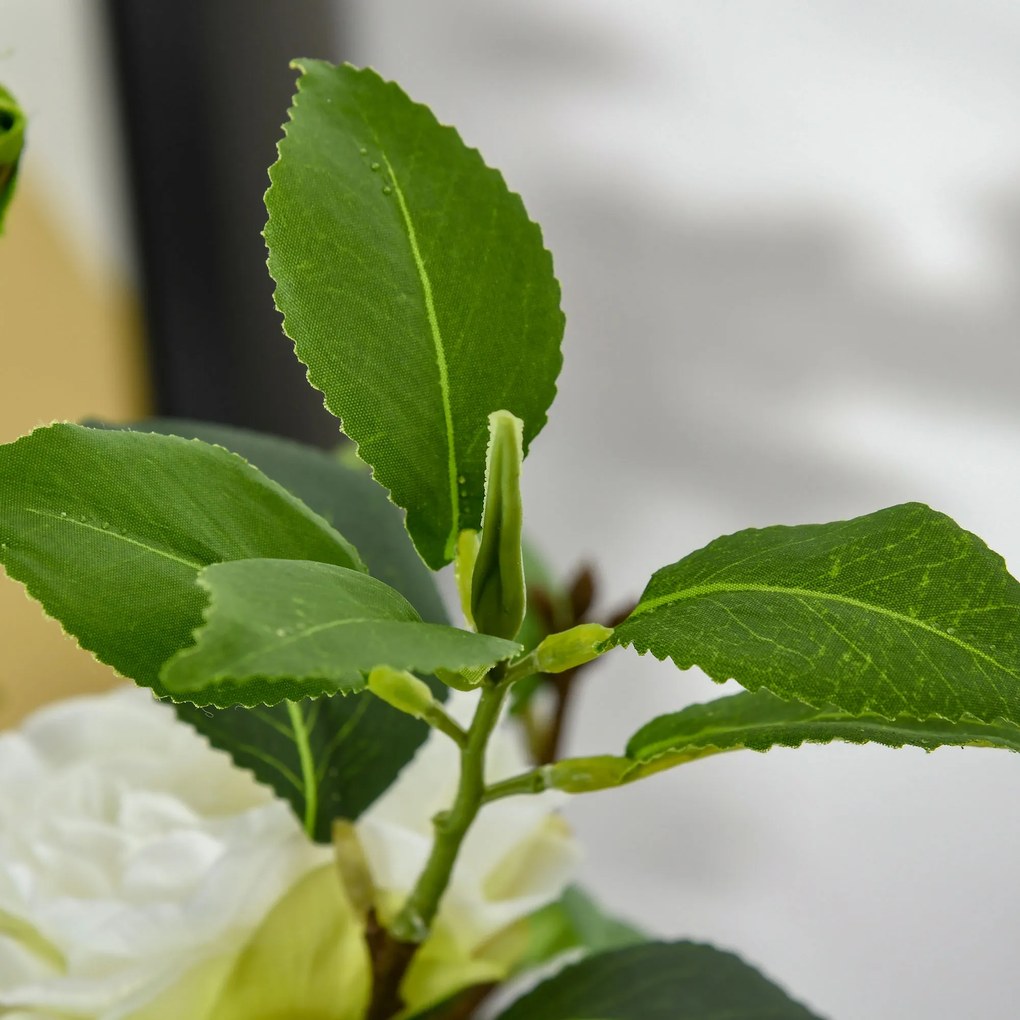 Camélia Artificial Planta Sintética de 150cm com Vaso de Cimento 285 Folhas Realistas e 25 Flores de Tecido Decoração para Casa Escritório e Exterior